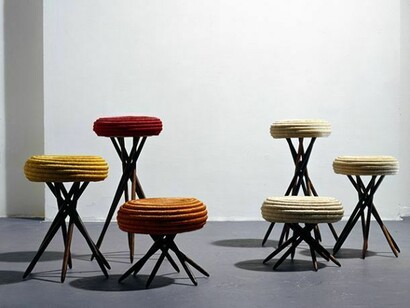 Ceci Arango (b. 1967). Corocora stools, 1993. Fique fiber spiral-woven over esparto fiber, macana palm wood base. Courtesy of the artist.