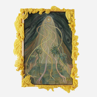 Ayla Dmyterko, Can’t catch lost time or the thinning earth, 2021. Oil on linen with poured beeswax frame. 90 x 54.5 x 7.5 cm. Unique