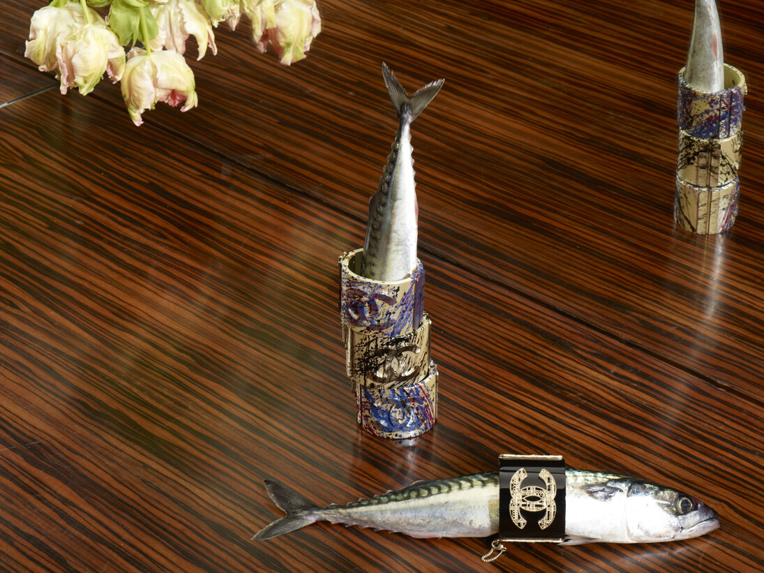 Roe Ethridge, Chanel Bracelets with mackerel, 2013, C Print, 41 5/8 x 55 inches. Courtesy the artist, Anton Kern Gallery, New York and Andrew Kreps Gallery, New York