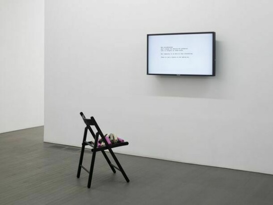 A Spare Rug for Love (But Not for a Dog) and a Chair Too, 2014, Ikea ‘Terje’ chair (black), 12, mild steel rods wrapped, wadding, various fabrics and thread, digital video animation, 1.2 x 12.6 inches (10 rods), 1.2 x 5.5 inches (2 rods), 30.3 x 17.3 x 20.1 inches (sculpture) 5 minutes looped (video)