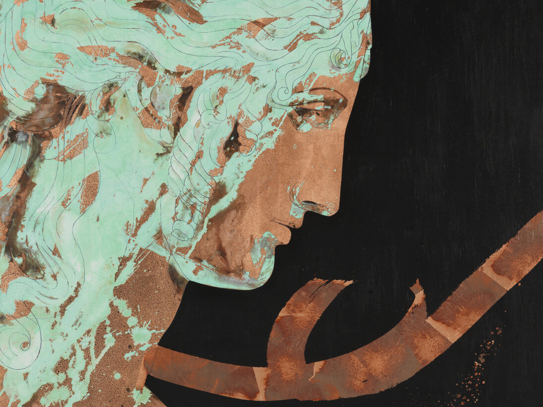 Marco Borgianni, da Antonio Canova, “Testa ideale di Elena”,
San Pietroburgo, Museo statale dell’Ermitage,
2014,
tecnica mista su tela con foglia di rame e ossidazione,
80 × 100 cm
