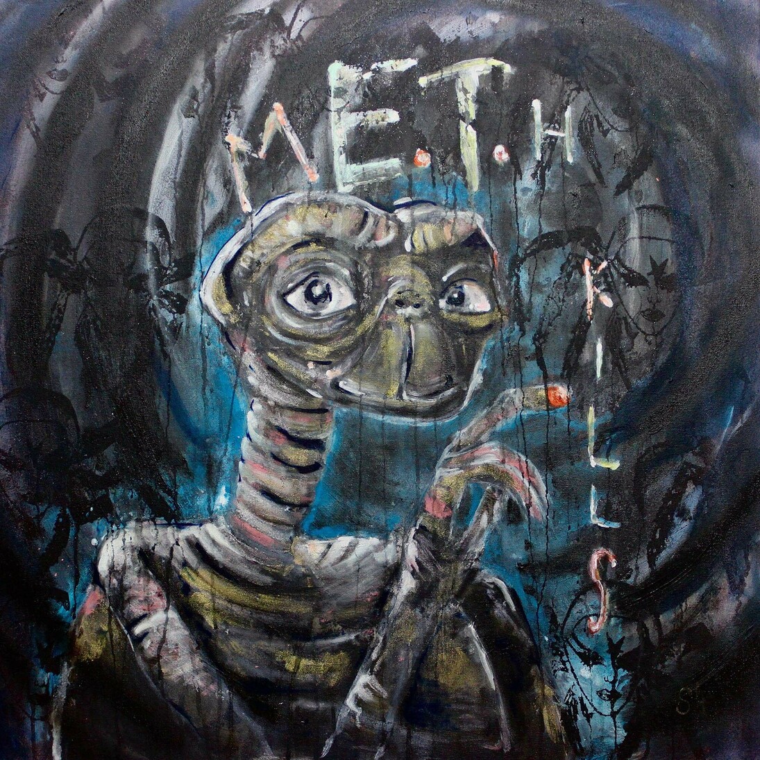 Scooter LaForge, Meth Kills, 2013, Oil on canvas with silkscreen and gold dust, 30 x 30 inch (76 x 76 cm), Courtesy of the artist