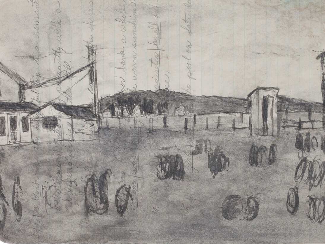 James Castle, Untitled (Farmscape) n.d.
Found paper, soot, 20 x 27.94 cm, Courtesy of the James Castle Collection and Archive and Frith Street Gallery, London 


