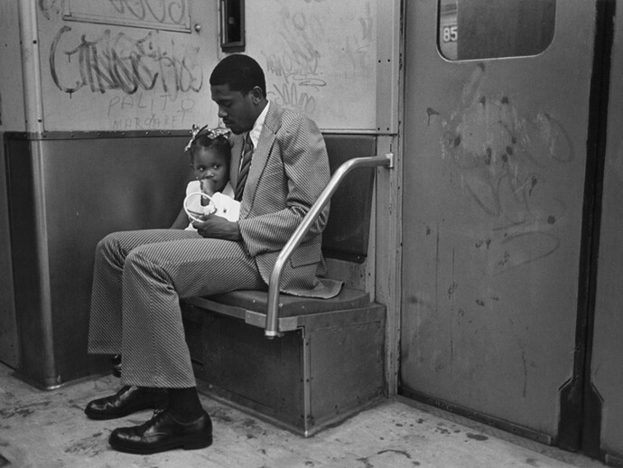 Joni Sternbach, The Passengers (Father and Daughter), c. 1975, Gelatin silver print, 11 x 14 inches
