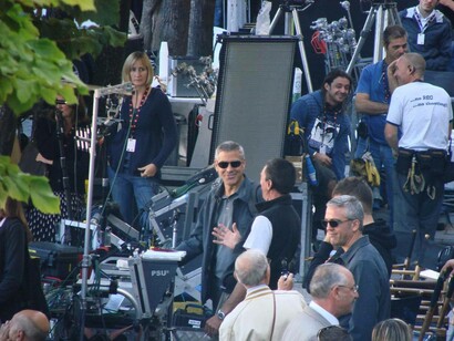 George Clooney e Tiziano Buccarello durante le riprese del film “The American”, girato a Sulmona, in Abruzzo, Italia