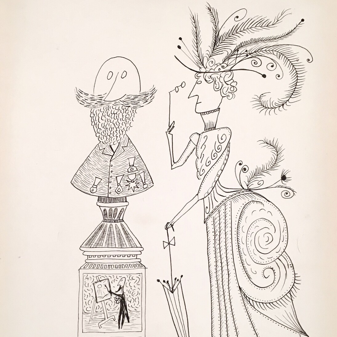 Saul Steinberg, Untitled (Woman & Monument), c.1946, Ink on paper, 14 7/8" x 11 1/8". Courtesy of Adam Baumgold Gallery