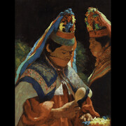 Elias Rivera, Matachine Dancers, n.d., oil on linen, 12x9.50 inches. Courtesy of LewAllen Galleries