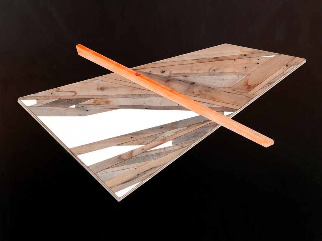 Michael Zelehoski, Orange Slash, 2015, Assemblage with repurposed wood and phenolic plywood, 108 x 179 cm / 43 x 70 in.