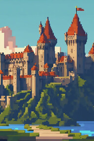 A pixel art video game featuring a medieval castle