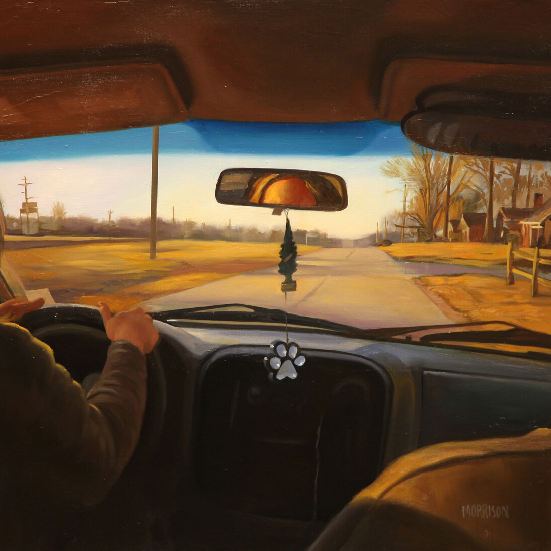 Margaret Morrison, Backseat Driver, 2015, Oil on wood, 18 x 18 inches; 45.7 x 45.7 cm, Signed