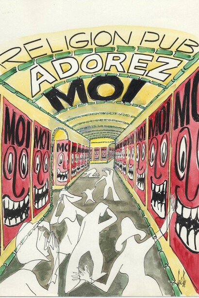 Religion pub, aquarelle et encre sur papier, 41 x 28 cm, courtesy of galerie Anne Barrault