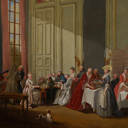Michel-Barthélémy Ollivier, English tea in the salon des Quatre-Glaces at the Maison du Temple (detail), 1770. Courtesy of Morgan Library and Museum 