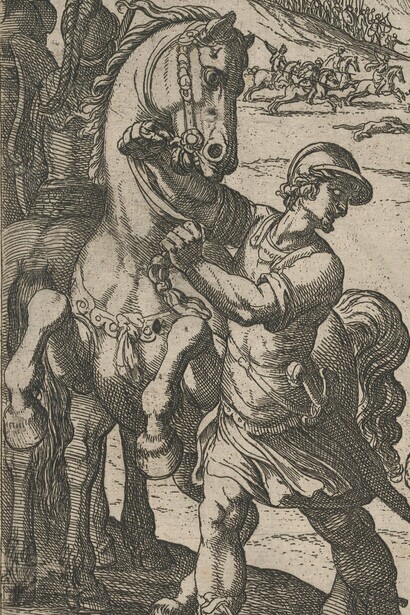 "La caza del león de Alejandro Magno", ilustración, Antonio Tempesta, 1608