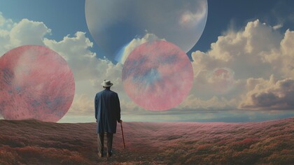 A lone figure stands on a surreal landscape beneath an expansive, ethereal sky, perfectly encapsulating the journey from individual awakening and appreciation of life's miracles to profound reflections on human existence amidst global complexities and political clamor