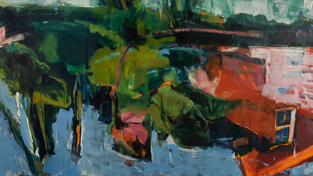 Connie Connally, Mid-Summer Bay (detail), 2023, oil on canvas, 30x60 in. Courtesy of the artist and Billis Williams Gallery