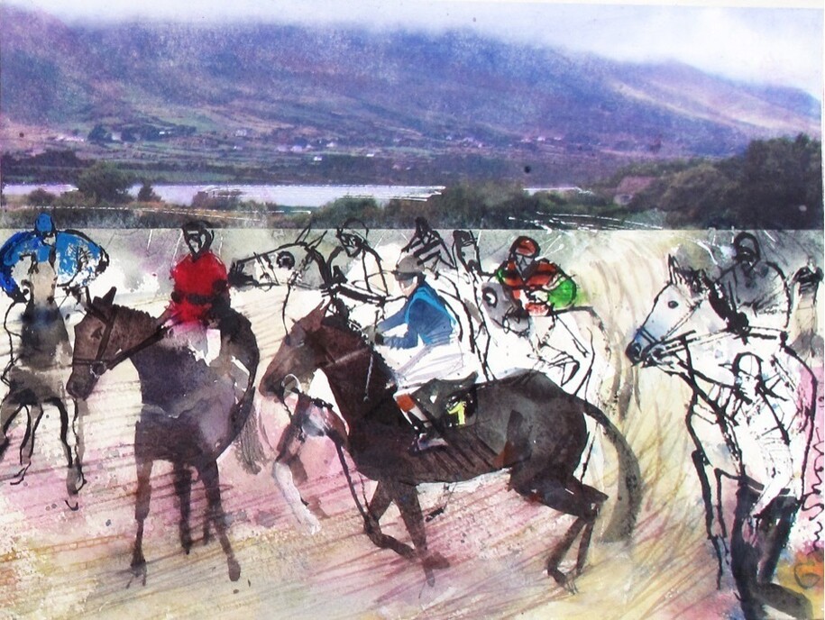 John Short, Horse race I (detail), Caherciveen, County Kerry, ink, watercolour and photo transfers, 83 x 31 cm