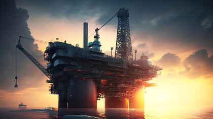 The intersection of geopolitics and energy resources with a stunning image of an oil platform in the ocean, illuminated by the setting sun, symbolizing the pivotal role of oil and gas in global power dynamics
