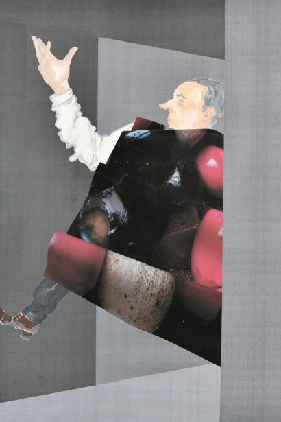 Anne Speier, Waiter In-Between (Back to Front), 2015. Paper, acrylic, copy-press print, inkjet print, 140 x 180 cm, Courtesy of the artist and MOT International London and Brussels