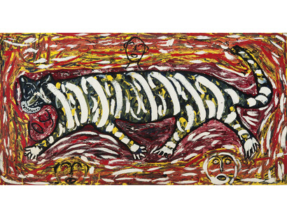 Thornton Dial, “Scrambling for Life” 1989, Oil on Canvas, on Wood, Board, 48” x 90”