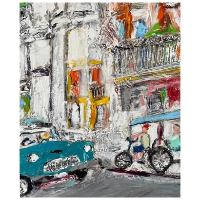 Ana Guzman, Blue Car and Bicycle, 2023, acrylic and mixed media on panel, 20x16 inches. Courtesy the artist and Thomas Deans Fine Art