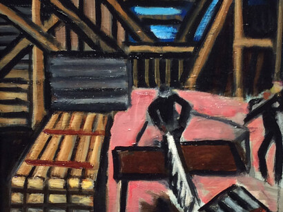 Arthur Hammer, Man Sawing Wood, 2010 14 x 15.5 inches, 23 x 24 inches framed oil on panel
 
