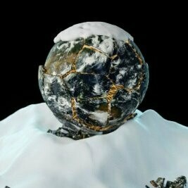 A world falling apart while resting on a blanket of snow, indicating the various crises that are tearing it to pieces, including climatic conditions