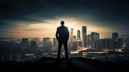 A lone man in a suit contemplates the skyline—consumerism’s temple and modernism’s battlefield, where freedom and conformity quietly collide