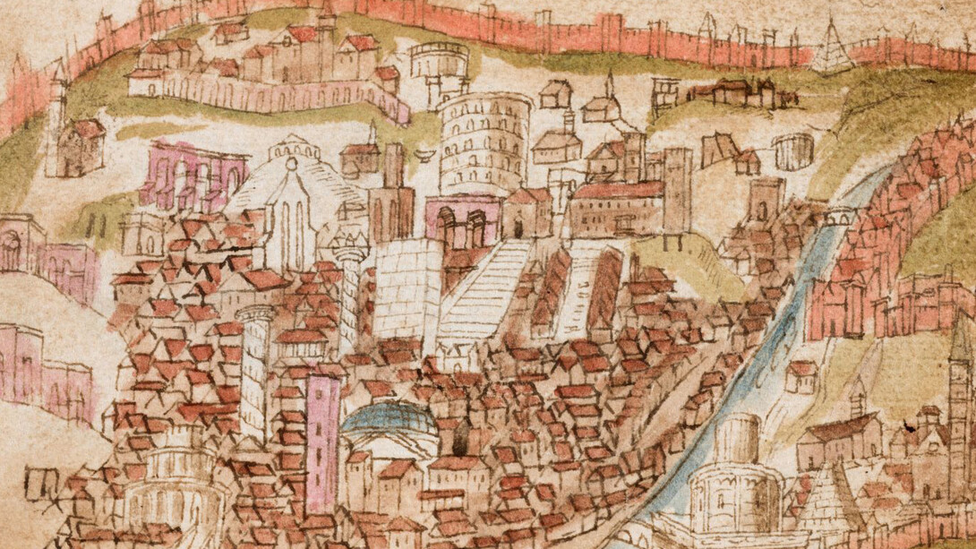 Anonimo, Veduta di Roma, miniatura su carta, metà del secolo XV, Torino, Biblioteca Reale, ms. 102, Varia, fol 28 r