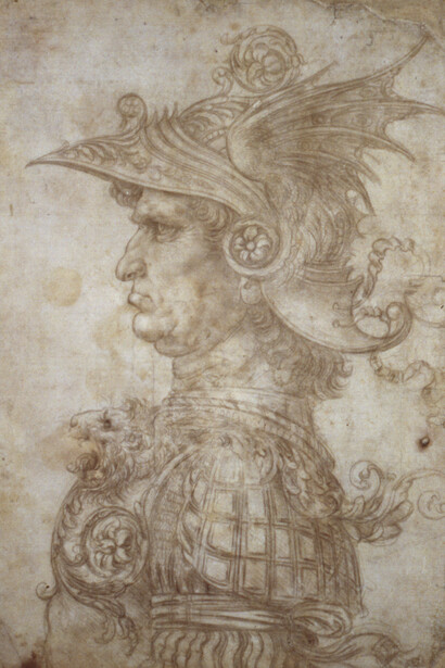 Leonardo da Vinci, Bust of a warrior, c. 1475, silverpoint, on cream prepared paper, 287 x 211mm © The Trustees of the British Museum