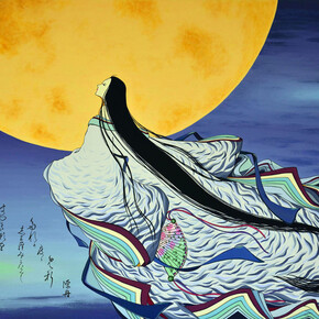 Agameishi, Known to the Moon Alone, 600 Scenes of Genji, Scene 578, Acrylic & Gouache on Paper over Wood, 35.5" x 47"