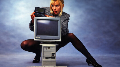 A striking 1990s scene where curiosity meets early technology, capturing the moment when the digital age was just beginning to take shape