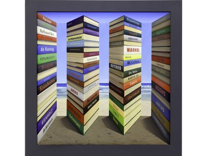 Patrick Hughes, Art and Literature, 2015, Oil on board construction, 107 x 106 x 18 cm, 42 1/8 x 41 3/4 x 7 1/8 in, Framed:125 x 124 x 20 cm / 49 1/8 x 48 3/4 x 7 1/8 in, courtesy of Flowers Gallery, London and New York