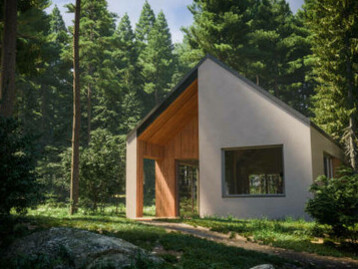 Tiny house with a wooden exterior and forest scenery, illustrating the use of prefabricated buildings and factory-built modules in modern prefab architecture