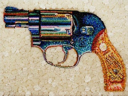 Lisa Alonzo, The Gun in Roses 38, Acrylic and Molding Paste Piped on Panel, 12 x 16 x 2 inches, 30 x 41 x 5 cm