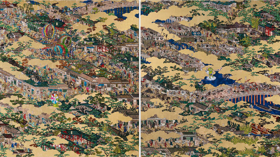 Takashi Murakami, Rakuchū-Rakugai-zu Byōbu: Iwasa Matabei RIP, 2023–24. Courtesy of Gagosian