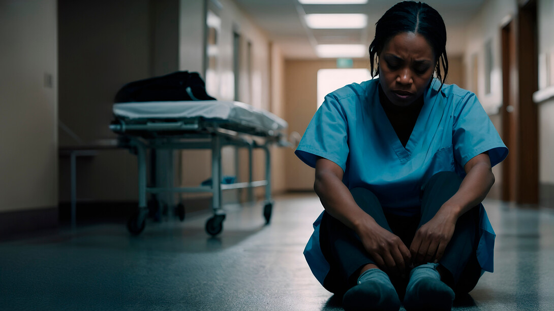 Profissional da saúde com exaustão por trabalho. O diagnóstico de Burnout pode ser complexo, pois seus sintomas muitas vezes se sobrepõem ou desencadeiam outras condições, como depressão, ansiedade e estresse pós-traumático