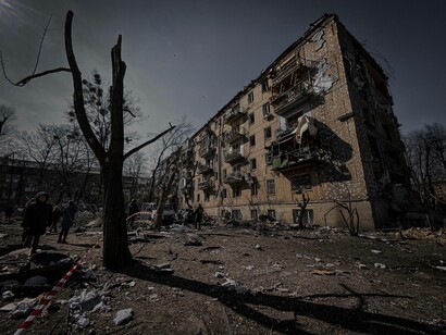 Obliterated buildings from Russian missiles in the war against Ukraine