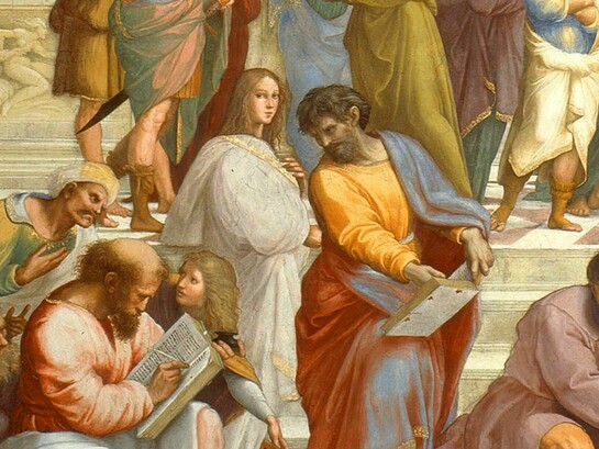 Un detalle del fresco “La escuela de Atenas” de Rafael Sanzio dejó para la posteridad el semblante joven de Hipatia, concentrado en el conocimiento y la enseñanza