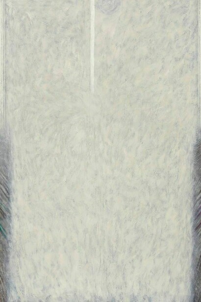 Sam Windett, X-ray (white), 2014, oil, marble dust, sand and charcoal on cotton duck, 149 x 121 cm