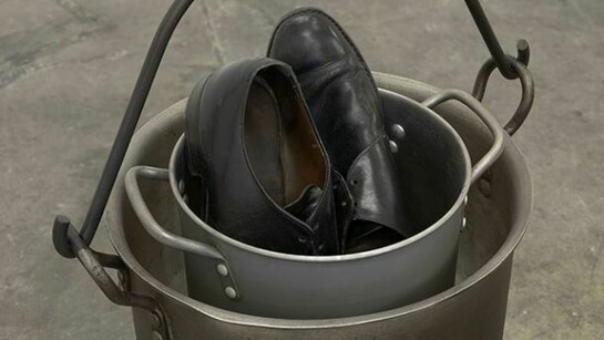 Phillip Lai Untitled, 2011, wood, varnish, lamp, concrete, leather shoes, cooking pots, 217 x 81 x 34 cm