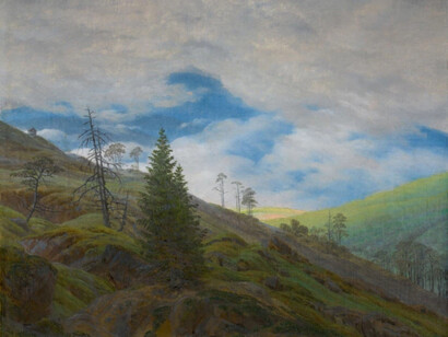 Caspar David Friedrich, Sonnenblick im Riesengebirge (Sunburst in the Riesengebirge), oil on canvas c. 1820. In July 1810 Friedrich took a walking tour with  in the Riesengebirge (Giant Mountains). Located south-east of Dresden, the range runs between Silesia and Bohemia, along the border of what are today the Czech Republic and Poland
