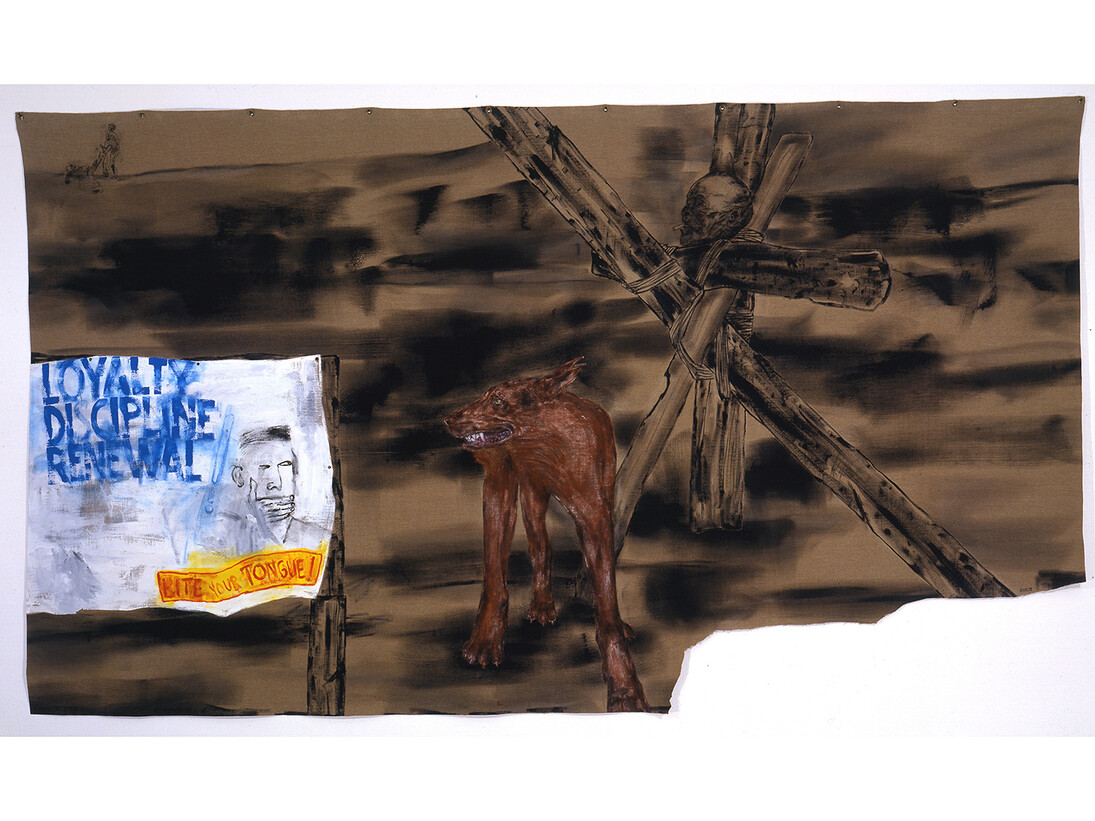 Leon Golub, Bite Your Tongue, 2001, acrylic on linen, 221 x 388 cm, Courtesy The Nancy Spero and Leon Golub Foundation for the Arts and Hauser & Wirth 
