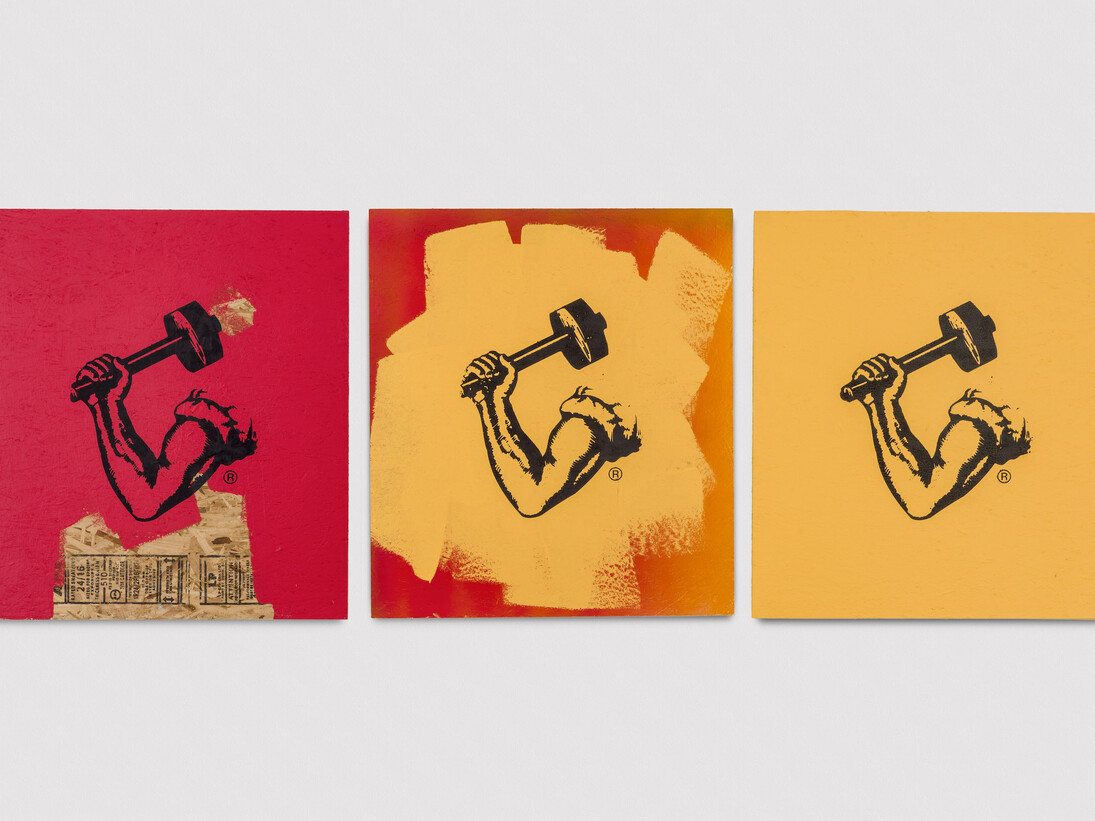 Awol Erizku, Pull Up Wit Ah Stick, 2016, Household paint and silkscreen on plywood 3 parts; 108 x 96.5 cm; (42 1/2 x 38 in.) each, Photo by Joshua White. Courtesy of Ben Brown Fine Arts