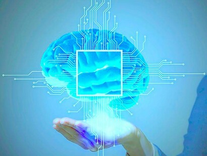 A human hand is being used to analyze the human brain via AI