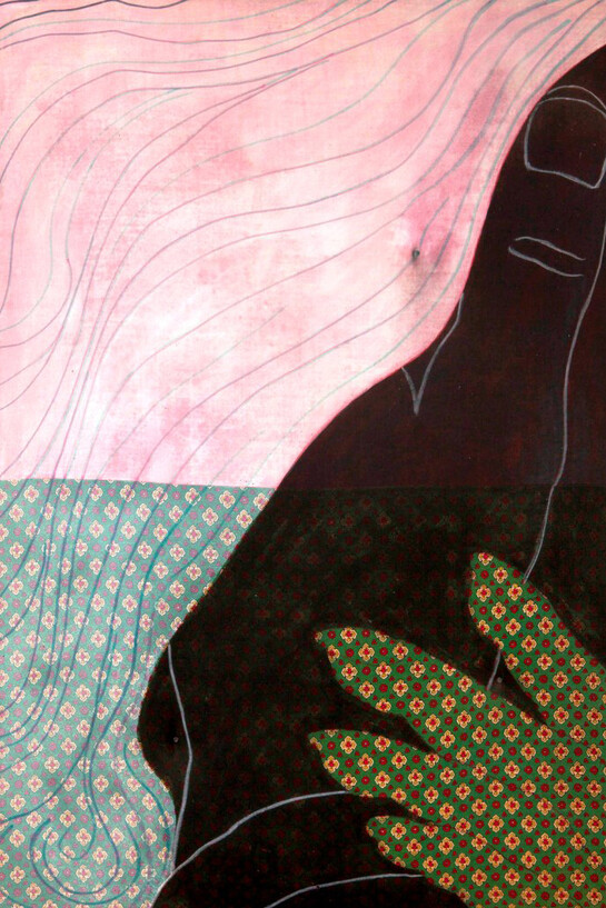 Cesare Tacchi, La mano nei capelli, 1967, pittura su tessuto stampato e rilievo
