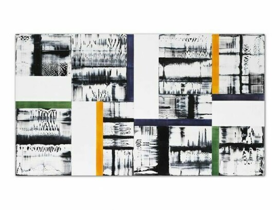 Ricardo Mazal, Composition with Yellow, Green, Purple 1, 2013, oil on linen, 45 x 80 inches. Courtesy of Sundaram Tagore Gallery.