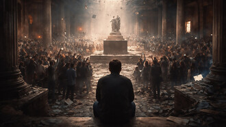 A solitary observer overlooks a restless crowd inside a crumbling civic hall, capturing the tension between mass participation and individual political powerlessness