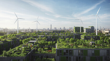 Eco-city with wind turbines and green rooftops representing development that does not sacrifice the environmental good