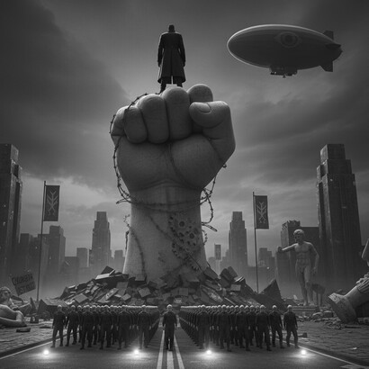 A colossal monument to unyielding authority rises from the ruins of a broken city, as a silent, disciplined populace stands beneath a watchful, ominous sky