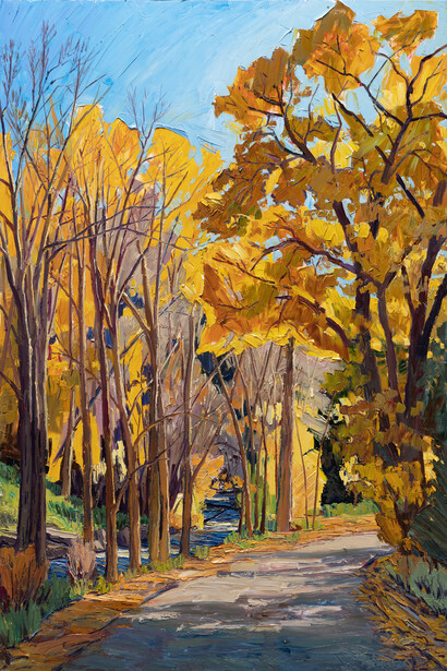 Jivan Lee, Along the Rio Hondo, 2022, oil on panel, 72x48 inches. Courtesy the artist and LewAllen Galleries